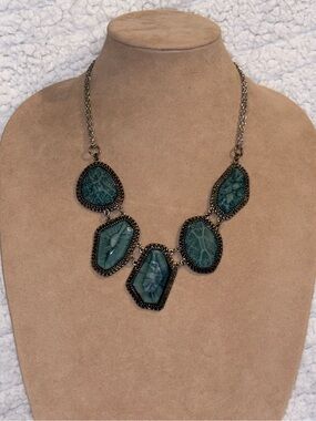 Teal Geode Style Statement Necklace Boho Silver Tone Bib Necklace